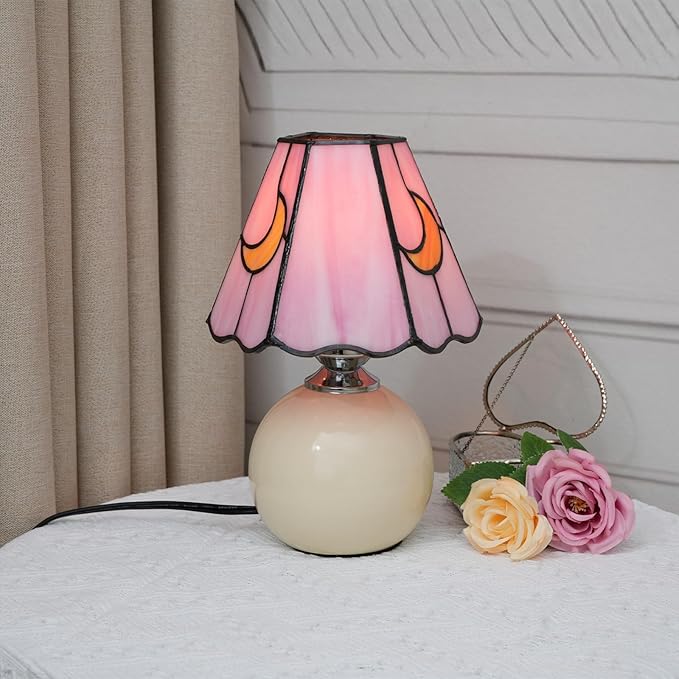 Mushroom Lamp Tiffany Lamp Stained Glass Table Lamp Moon Cute Small Bedside Lamps for Living Room Home Decor,Unique Aesthetic Home Living Room Decor Girls Women Birthday Day Gift,Pink
