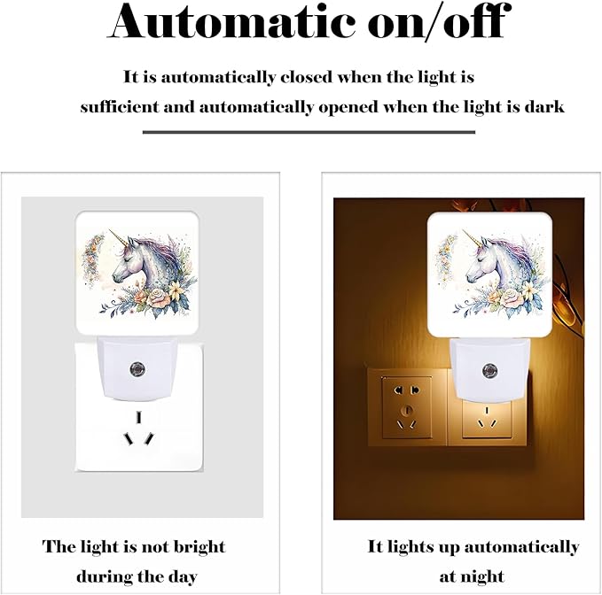 Watercolor Magic Unicorn and Flowers Night Light,Plug-in Night Lights with Dusk to Dawn Sensor for Stairway,Hallway,Bedroom Sleep Friendly Ideal for Women/Girls/Boys Gift,0.5w