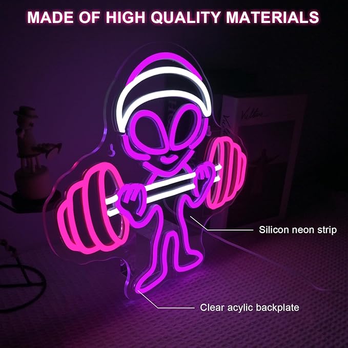 LUCUNSTAR Alien Neon Sign Dumbbell Gym Led Wall Decor LED Alien Light Shop Bar Man Cave Teen Room Game Room Decor Hip Hop Party Neon Signs Wall Decor Party Bedroom
