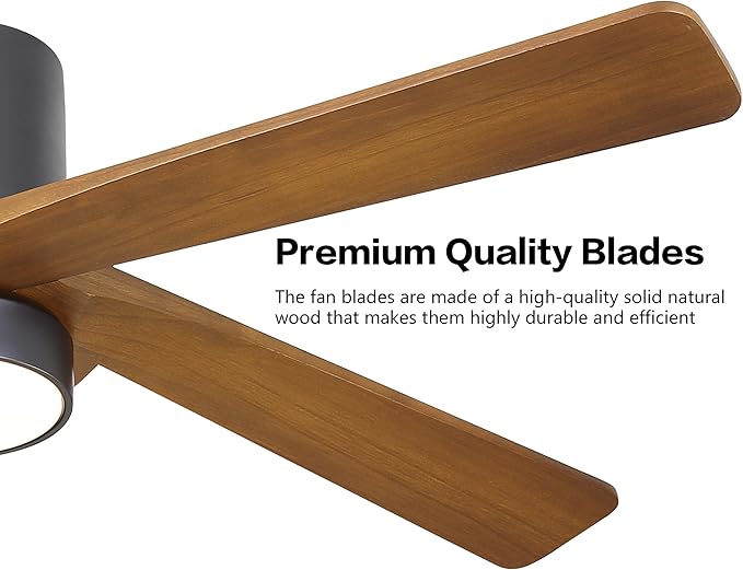 WINGBO 54 Inch Flush Mount DC Ceiling Fan with Lights and Remote, 5 Reversible Carved Wood Blades, 6-Speed Noiseless DC Motor, Hugger Ceiling Fan in Matte Black Finish with Walnut Blades, ETL Listed