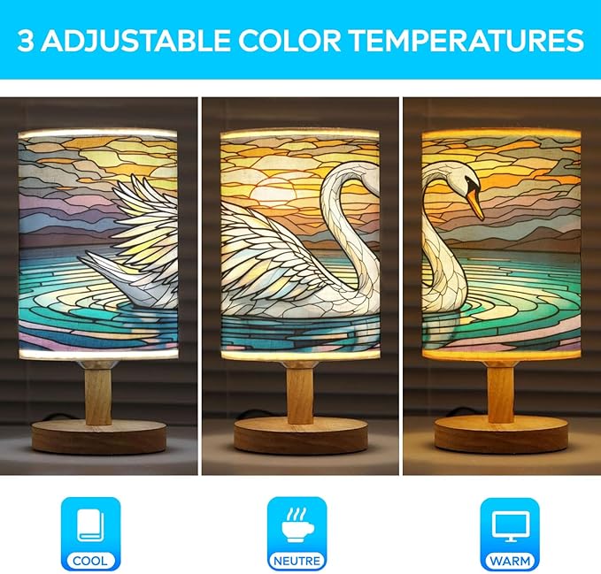 Swan Table Lamp LED 3-Color Pressed Bedside, Swan Shade Lamp with Wood Base for Bedroom Living Room Desk Office TL01
