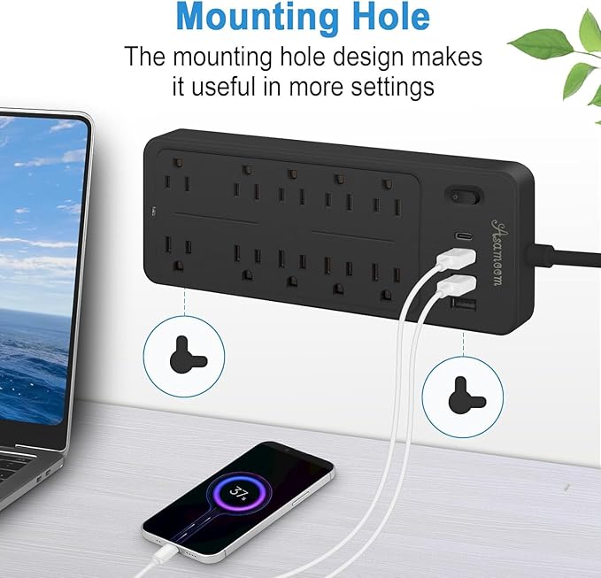6 FT Power Strips with Surge Protection 1625W/13A, 10 Outlets with 4 USB Ports (1 USB C) Long Extension Cord with Multiple Outlets 14-in-1 Flat Plug Power Strip Protector 1700J 16Awg Black ETL Listed