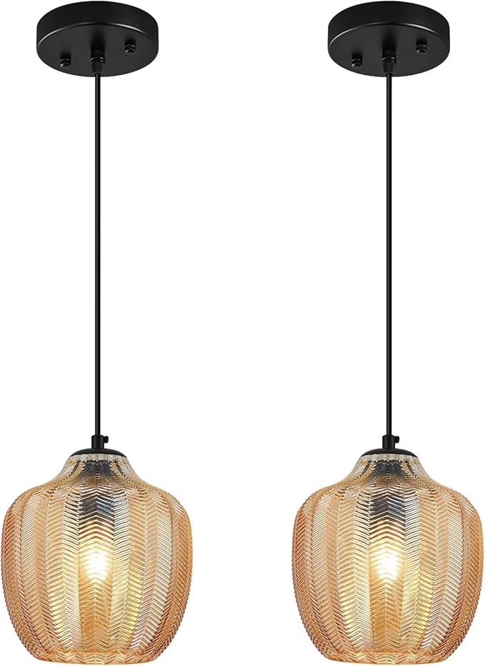 Amber Glass Pendant Lights Kitchen Island 2 Pack 6.29 in Glass Globe Pendant Light Fixture Adjustable Modern Farmhouse Pendant Lighting for Bedroom Dining Room