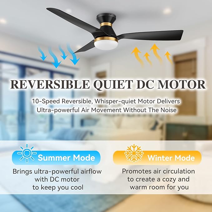 SMAAIR 52 Inch Smart Ceiling Fan with Lights and 10-speed DC Motor, Works with Remote Control/Alexa/Google Home/Siri, Dimmable LED Light (52 Inch, Matte Black/Gold)