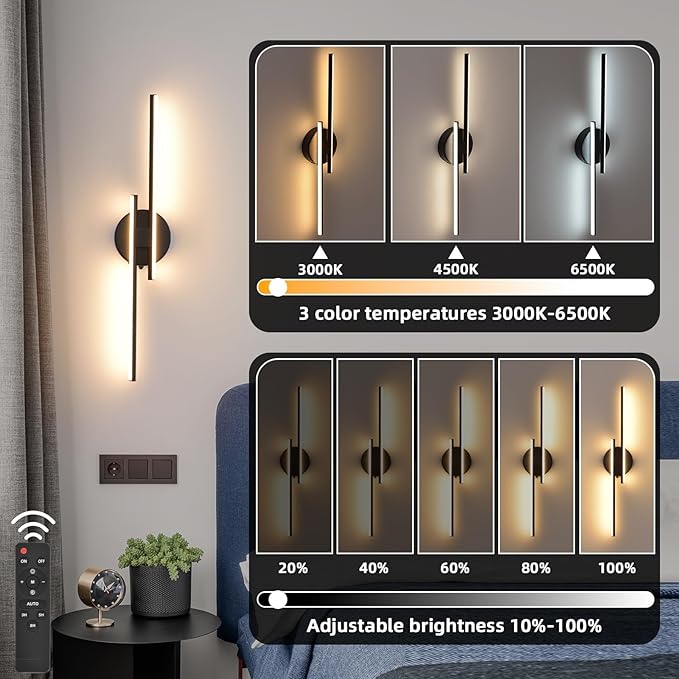 Rechargeable Battery Operated Wall Sconce Set Of Two, Black Wireless LED Wall Sconces With Remote Control, Dimmable 3 Colors Cordless wall lights for Living Room, bedroom, Hallway, 23.6 Inch ( 2pcs)