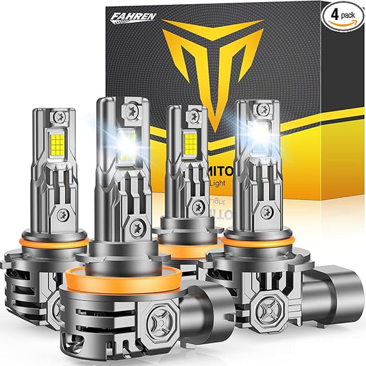 FAHREN H11 9005 LED Bulbs Combo, 80000LM 900% Ultra Brightness, 6500K White H9/H8 Hb3 LED Bulb, 10-Year Lifespan with Cooling Fan, 1:1 Halogen Size, Non-Polarity Plug and Play, Pack of 4