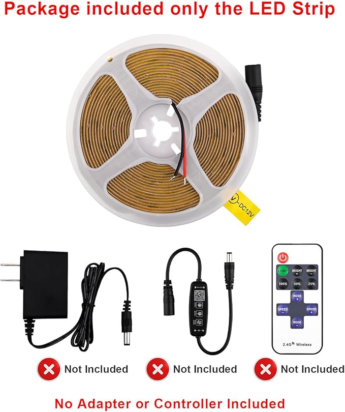 COB LED Strip Lights DC 12V LED Lights Flexible Super Bright LED Strips, 5Pack 16.4FT 3000K Warm White CRI 90+, 480LEDs/m High Density Uniform Light fo Home Room Decor (No Adapter or Controller)