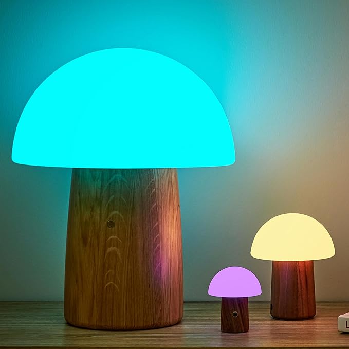 Gingko 7 Colour Changing RGB Alice Mushroom Lamp, Mood Light and Night Lights, Long Life Battery, USB-C Charging, 3 Light Modes, FSC Certified Wood with Frosted ABS Shade (Walnut, Super Mini)