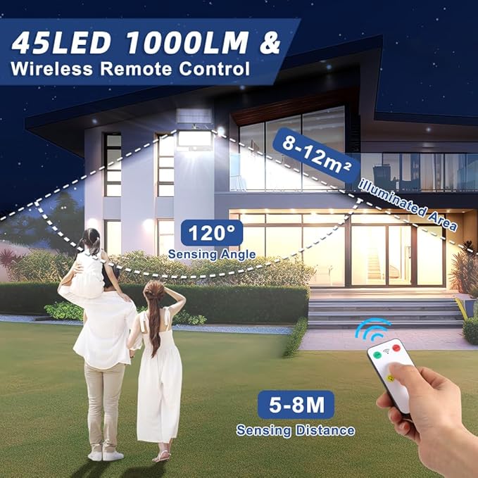 Solar Flood Lights Outdoor Waterproof with Remote Control, 1000LM 6500K 4 Modes 16.4FT Cable Solar Motion Flood Lights for Outside Wall Garage Shed Patio Yard Porch Garden Decor(Cool White)