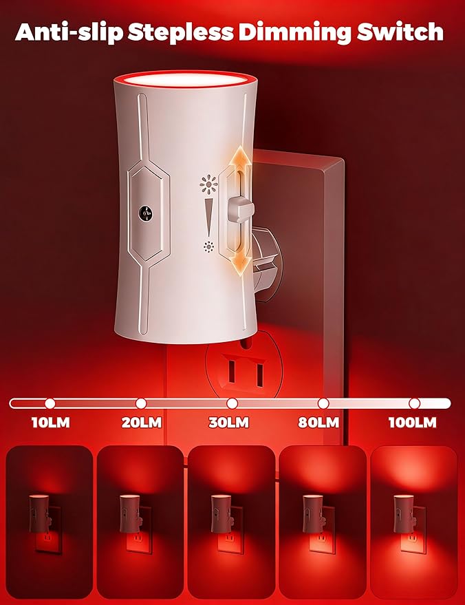 Night Light, Night Lights Plug into Wall [2 Pack], 0-100LM Adjustable Brightness Light Sensor Nightlights Plug in Wall for Hallway, Bathroom, Adults, Red Led Nightlight