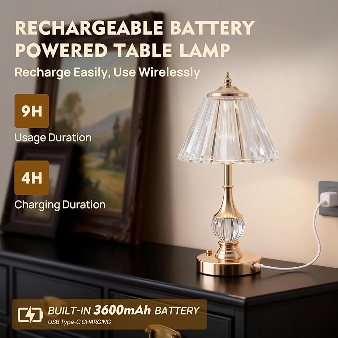 Vintage Gold Crystal Rechargeable Lamp Cordless, LED Touch Battery Operated Table Lamp, 3 Colors Dimmable Portable, Modern Home Decor, Bedroom, Bedside, Living Room, Kitchen, Pleated