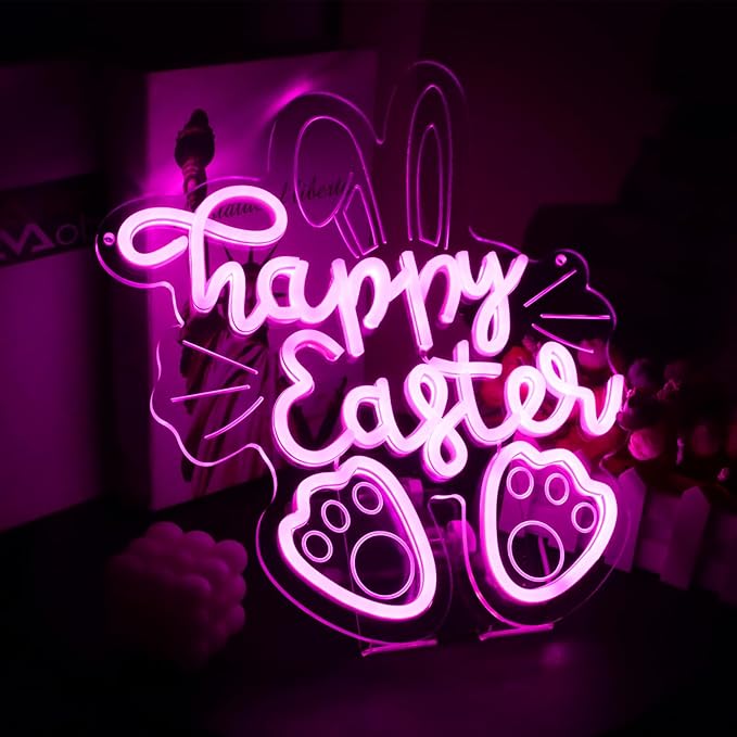 Easter Neon Sign for Wall Decor Rabbit Happy Easter LED Neon Light Window USB Powered for Wall Room Gift Party Decoration