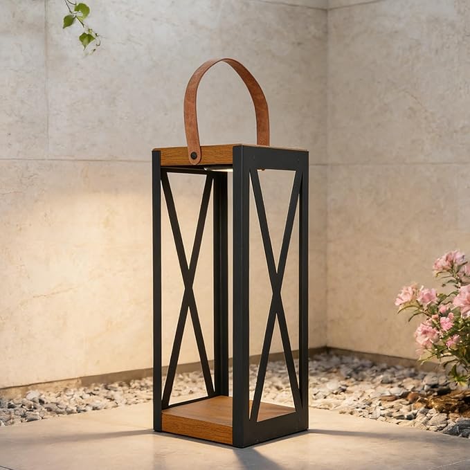 Solar Yard Outdoor Floor Lamp Solar Powered Light with 50/100 Lumens Dual Brightness & Memory Mode, Patio Waterproof Metal Solar Lantern with Handle, Plant Decor for Patio, Yard, Porch, Large X-Black