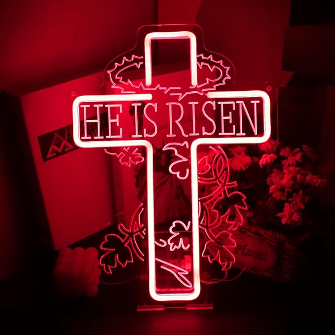 He Is Risen Neon Sign Cross Easter Neon, Dimmable LED Neon for Wall Decor Bedroom Home Room Party Decor, LED Neon Light for Wedding Christmas Easter Celebrations New Year Gift