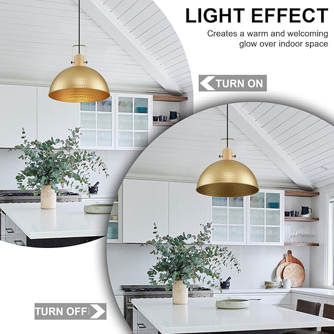 16 Inch Gold Pendant Lights Hammered Matte Pendant Lights for Kitchen Island Industrial Farmhouse Adjustable Height Dome Hanging Light Fixtures for Barn, Dining Room 1 Pack