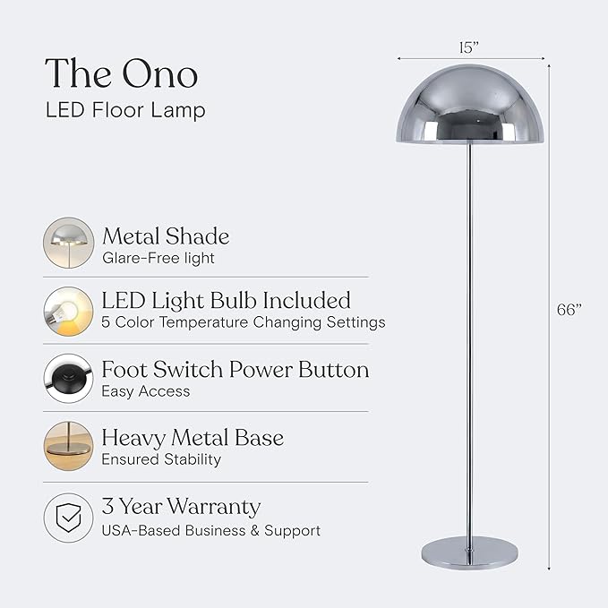 Brightech ONO Mushroom Floor Lamp - Modern LED Standing Lamp for Living Room, Bedroom - Color Changing LED Bulb, Metal Dome Lamp Shade - Contemporary Metallic Sculptural Design - Chrome