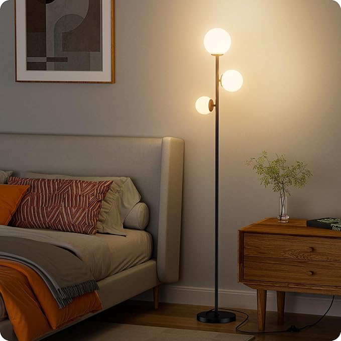Floor lamp with 3 Frosted Glass Shades,Stangding Lamp Floor Lamps for Living Room Bedroom Office with 3 led Bulbs,Tall lamp with Foot Switch (Black)