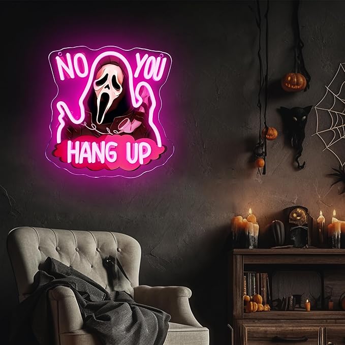 Symone No You Hang Up Halloween Ghostface Mask Neon Sign, Halloween Skull Neon Light USB Powered, for Halloween Party Spooky Decor Neon Horror Decor Horror Movie Sign Halloween Gifts(11.8 * 11.6 In)