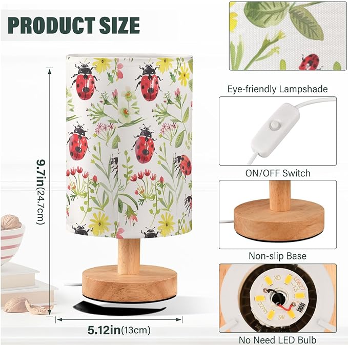 Watercolor Ladybug Flowers Table Lamp for Bedroom USB Port Lamps Small Accent Table Lamp Nightstand Lamp Study Linen Shade with Wooden Base, Decorative Lamps for Bedside Reading|Kids|Dorm|Home
