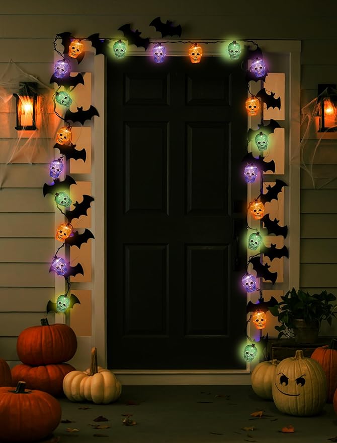 Halloween Skull String Lights Outdoor, 8.5Ft Ghost Head Lights with 10 LED Orange Green Purple Skull Head Lights, Hanging Halloween Decoration Skeleton Light for Patio, Porch, House, Party Decorations