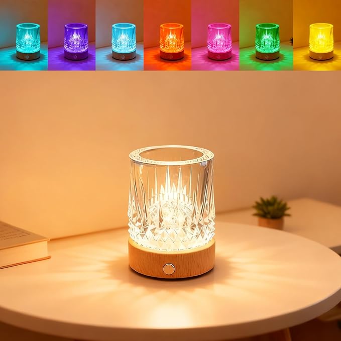 Small Creative Crystal Table Lamp with RGB Color Changing Night Light with Solid Wood Base,Touch Control & Rechargeable,Ideal as Romantic Gifts for Bedroom or Living Room Decor