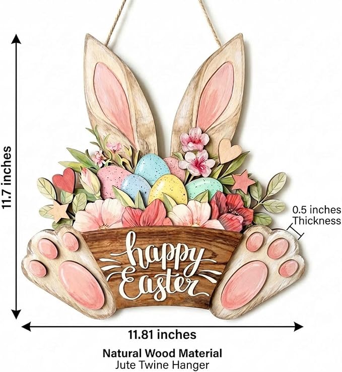Happy Easter Door Decorations Hanging Sign for Decor for Frontdoor 11.8 Easter Eggs Hanging Plaque Bunny Rabbit Sign Wall Hanger Floral Spring Decor for Front Door Porch Yard Wall Home Decorations