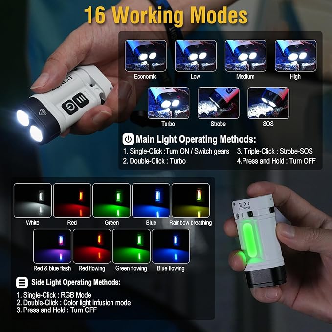 BORUIT U10 LED Small Powerful EDC Flashlight with Clip,880LM Mini Pocket Keychain Flash Light with White & RGB Side LEDs,Magnetic,AA or Rechargeable Battery,IPX4 Waterproof for Camping Emergency
