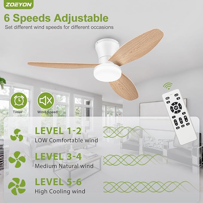 Small Ceiling Fan with Light - 42 Inch Flush Mount Ceiling Fan with Lights and Remote, Low Profile Ceiling Fans with 3 Reversible Blades, 6 Wind Speeds, White&Wood Ceiling Fans for Bedroom