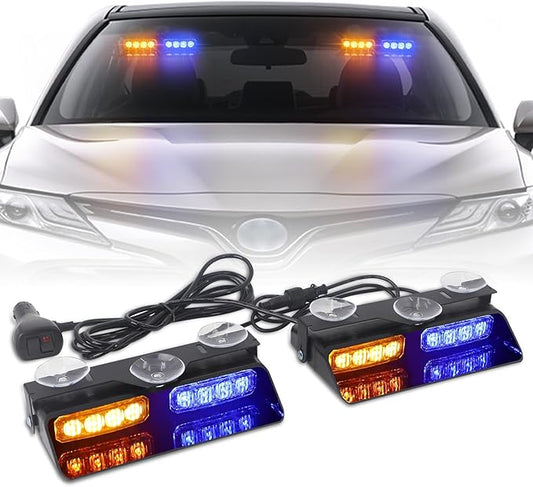 XRIDONSEN 2 in 1 Dash Emergency Strobe Lights Front/Rear Amber Blue Windshield Lights Warning Safety Flashing w/Suction Cups for Volunteer Vehicles, Trucks（Amber/Blue