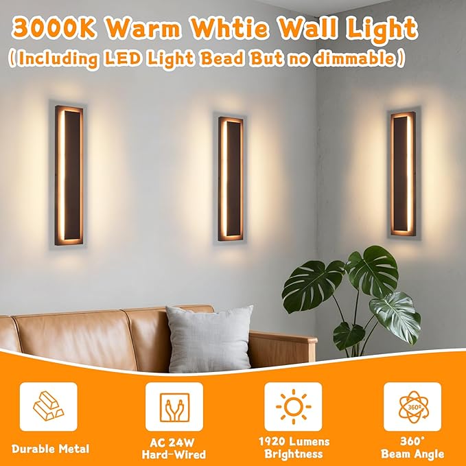 23.6 in Long Outdoor LED Wall Lights, Modern Exterior Garage Wall Light,24W Brown Outdoor Wall Sconce,Waterproof Outside Light Fixtures for House,Patio,Front Porch,2 Pack(3000K Warm White)