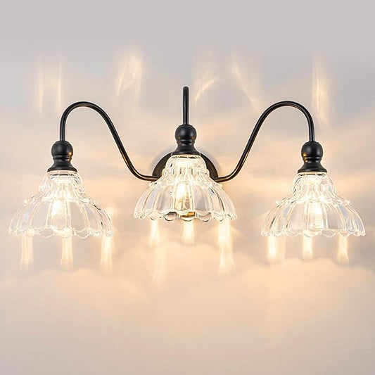 Vintage Bathroom Light Fixtures Over Mirror, 3-Light Black Wall Sconce Lighting with Flower Glass Shade, Farmhouse Vanity Lights for Bedroom Kitchen Living Room Hallway Light