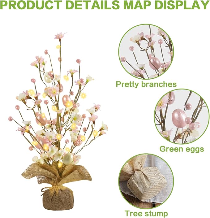 RoseCraft Easter Decorations, Artificial 18 Inch Easter Egg Tree Tabletop Decor with Delicate Ornaments, for Home Party Wedding Holiday Spring Summer Decoration Pink.