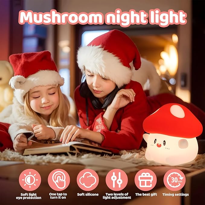 Mushroom Night Light, Squishy Silicone Lamp - Tap Control 2 Brightness, 50H Battery & Auto Timer, Cute Easter Gifts for Kids, Bedside Nursery Desk Mushroom Decor