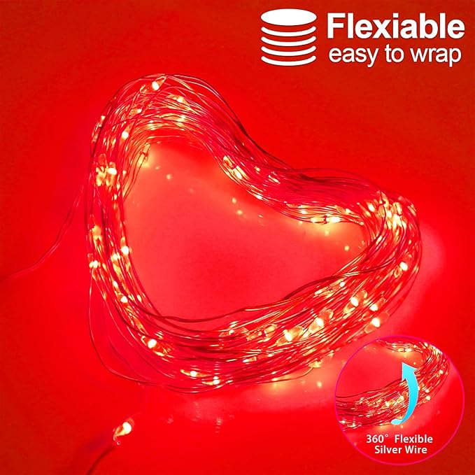 YAOZHOU Christmas Decorations Red Fairy String Lights, Battery Operated with Timer, 2 Pack Total 33FT 100 Led Mini Battery Powered Mason Jar Waterproof Firefly Lights DIY Party Halloween