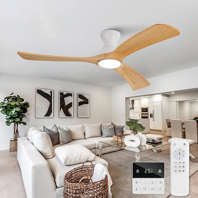 Flush Mount Ceiling Fans with Lights,52 inch,Remote Control,Wall Switch,Solid Wood Blades,Dimmable,Reversible Noiseless,Power Off Memory Modern Ceiling Fan for Bedroom Patio Indoor/Outdoor Use