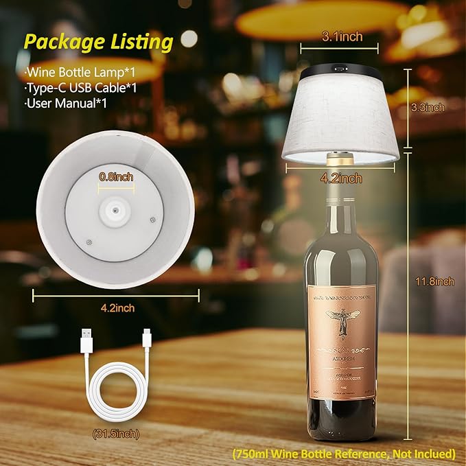 2025 New Bottle Lamp - LED Bottle Lights for Liquor & Wine Bottles, Cordless Lampshade, Whiskey Bottle Top Light, Bottle Stopper Night Light Kit, Beige Fabric