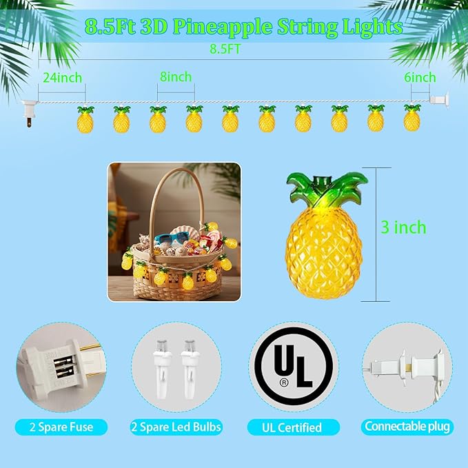 8.5Ft Luau Party Lights, 10L LED Pineapple String Lights Plug in for Indoor/Outdoor Home Table Christmas Tree Pergola Tiki Bar Aloha Hawaiian Tropical Party Decorations