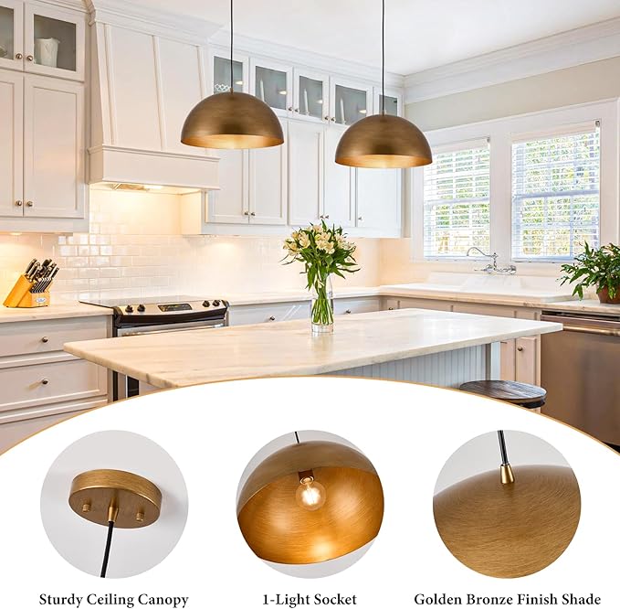 16" Dome Gold Pendant Light, Farmhouse Pendant Lights for Kitchen Island, Modern Adjustable Hanging Lamp for Dining Room Living Room Hallway Cafe Bar 2 Pack
