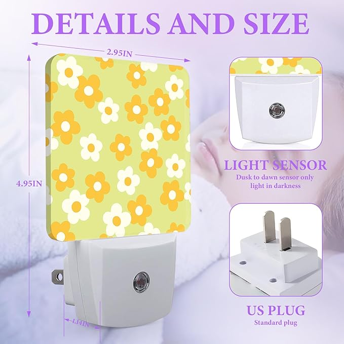 Vintage Groovy Flowers Night Light,Plug-in Night Lights with Dusk-to-Dawn Sensor for Bedroom,Bathroom and Living Room Sleep Friendly lamp 0.5w