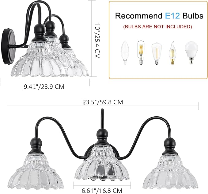 Vintage Bathroom Light Fixtures Over Mirror, 3-Light Black Wall Sconce Lighting with Flower Glass Shade, Farmhouse Vanity Lights for Bedroom Kitchen Living Room Hallway Light