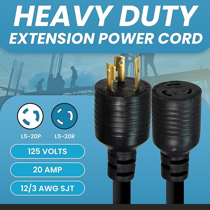 IronBox Electric NEMA L5-20P to L5-20R Power Cord - 20A, 125V, 12/3 AWG SJT - UL Listed Power Cable Adapter - Heavy Duty Extension Cord for Outdoor, RV, Generator, Data Center & More (25 ft, Molded)