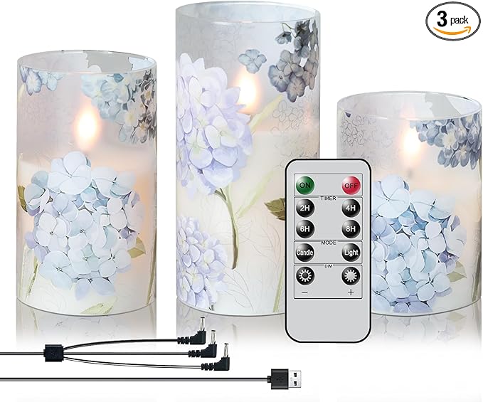 DRomance Rechargeable Hydrangea Glass Flameless Candles with Remote Timer Battery Operated LED Flickering Pillar Candles Real Wax Spring Dinner Christmas Holiday Decor D3 x H4, 5", 6"