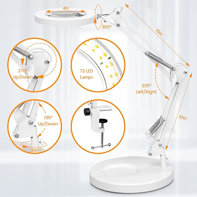 KIRKAS 10X Magnifying Glass with Light and Stand, 2-in-1 Stepless Dimmable LED Magnifying Lamp with Clamp, 3 Color Modes Lighted Magnifier Lens Swivel Arm Light for Reading, Craft, Close Works -White
