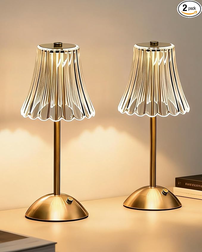 Gold Rechargeable Table Lamp [2 Pack], Cordless Touch LED Bedside Lamp with 3 Color Modes, USB Dimmable