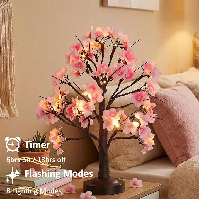 18 Inch Cherry Blossom Tree with Timer, Warm White Tabletop Spring Bonsai Tree USB/Battery Operated, Light up Artificial Tree Decorations for Christmas Indoor Mantel Home Wedding Easter Gift