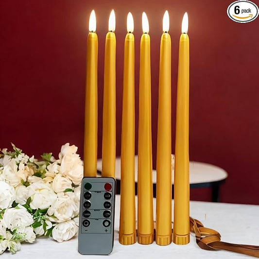 Gold Flameless Taper Candles with Remote, Flickering Christmas LED Candlesticks Battery Operated Set of 6