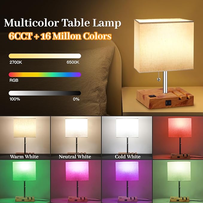 Smart RGB Dimmable Table Lamp Work with Alexa&APP&Remote Control, Bedside Desk Lamp with Charging Ports&Outlet&Phone Stand, Music Sync Nightstand Lamp for Bedroom Living Room Office Dorm, Wooden Base