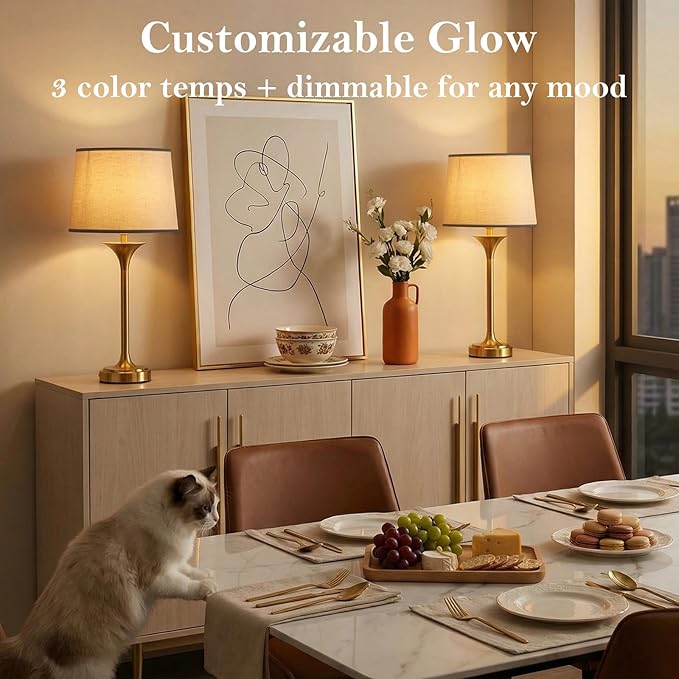 Mid Century Modern Cordless Table Lamp Set of 2, Gold Glam Table Lamp with Tapered Fabric Shade, Classic Elegant Table Lamp for Living Room Bedroom Entryway Console, Detachable Magnetic Bulb, 10000mAh