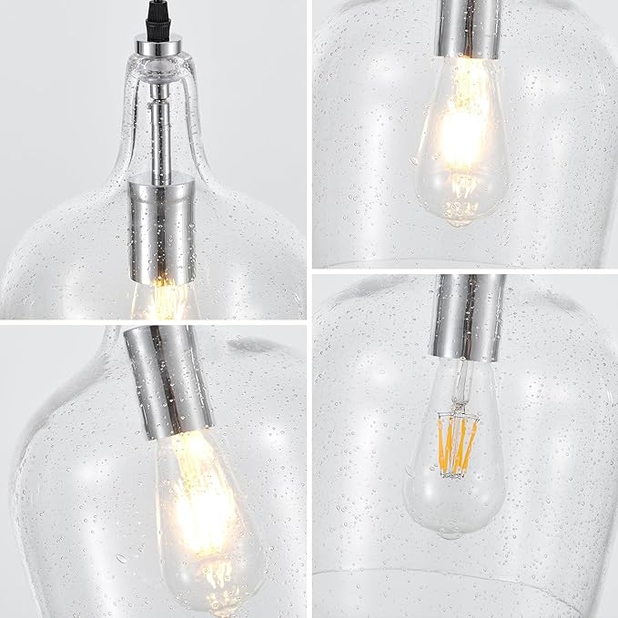 9” Chrome Seeded Glass Pendant Light Modern 1 Light Single Dome Pendent Lighting Fixtures for Kitchen Island Dining Room Hallway, UL Listed