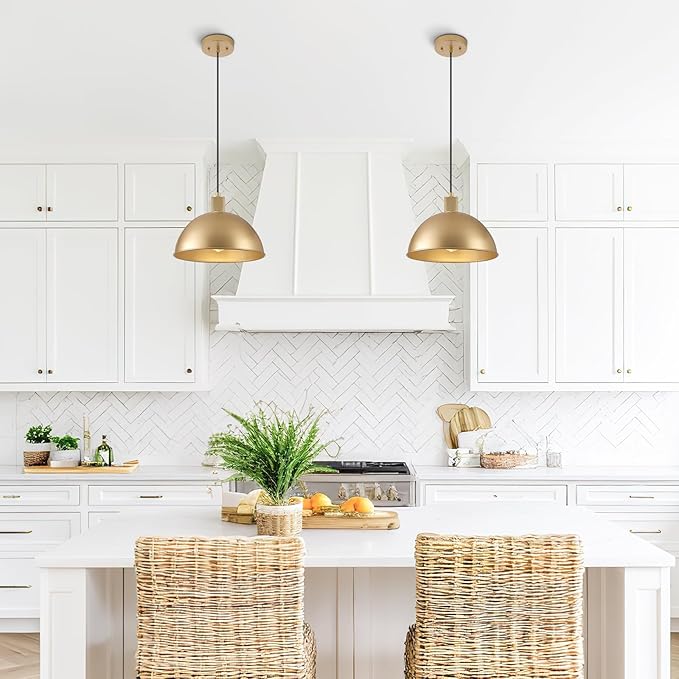 12 Inch Gold Dome Pendant Lights 2 Pack for Kitchen Island, Height Adjustable Farmhouse Industrial Hanging Light Fixtures Over Table for Dining Room, Entryway